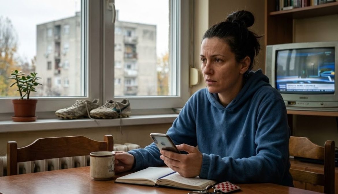 Woman in a blue hoodie sits at a wooden table, looking at her phone with a notebook and mug nearby by the window.