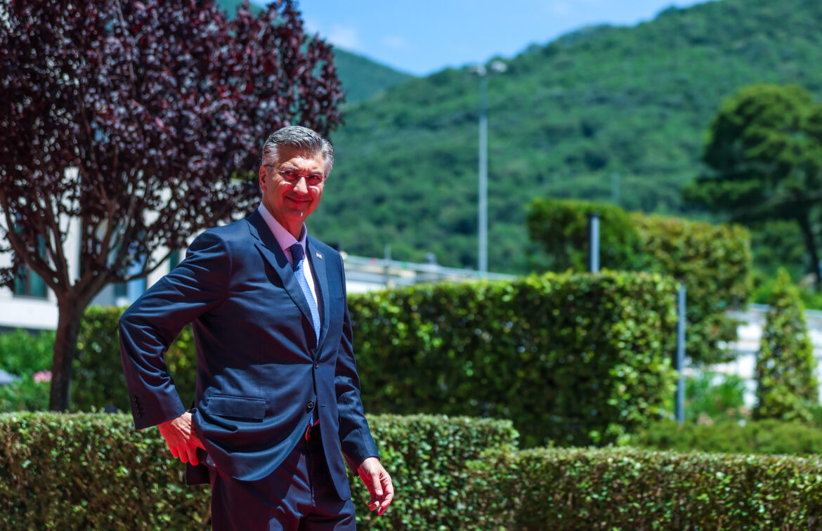 Man in a navy suit posing outdoors with green hedges and hills in the background, smiling confidently.