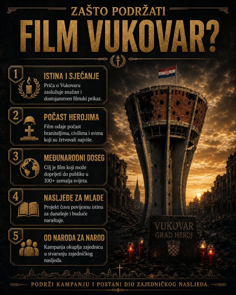 Poster zagovara podršku filmu Vukovar sa pet razloga i ikonama na tamnom, ruglomeru gradu uz zastavu Hrvatske u pozadini.
